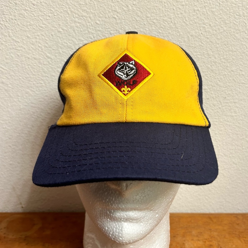 Boy Scout Cub Cap Hat Wolf Patch Medium Large Adjustable Yellow Blue SnapBack